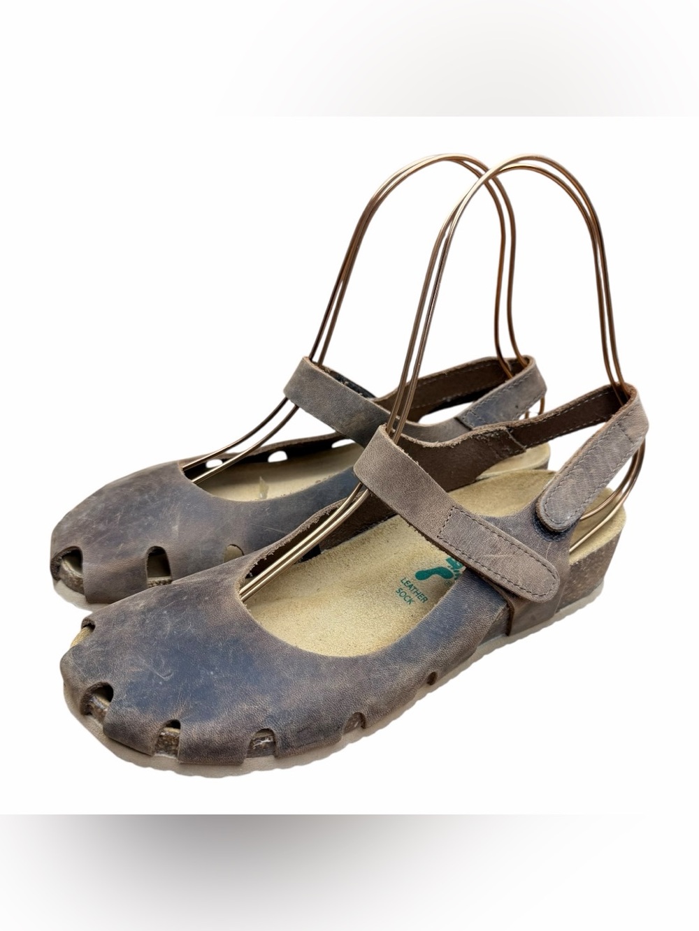 Bionatura 37 US 6.5 Brown Distressed Leather Cork Mary Jane Shoes Sandals